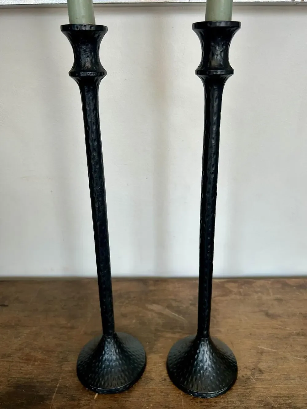 Vintage 90's Black Textured Pair of Candlesticks | Giacometti Style Candleholder